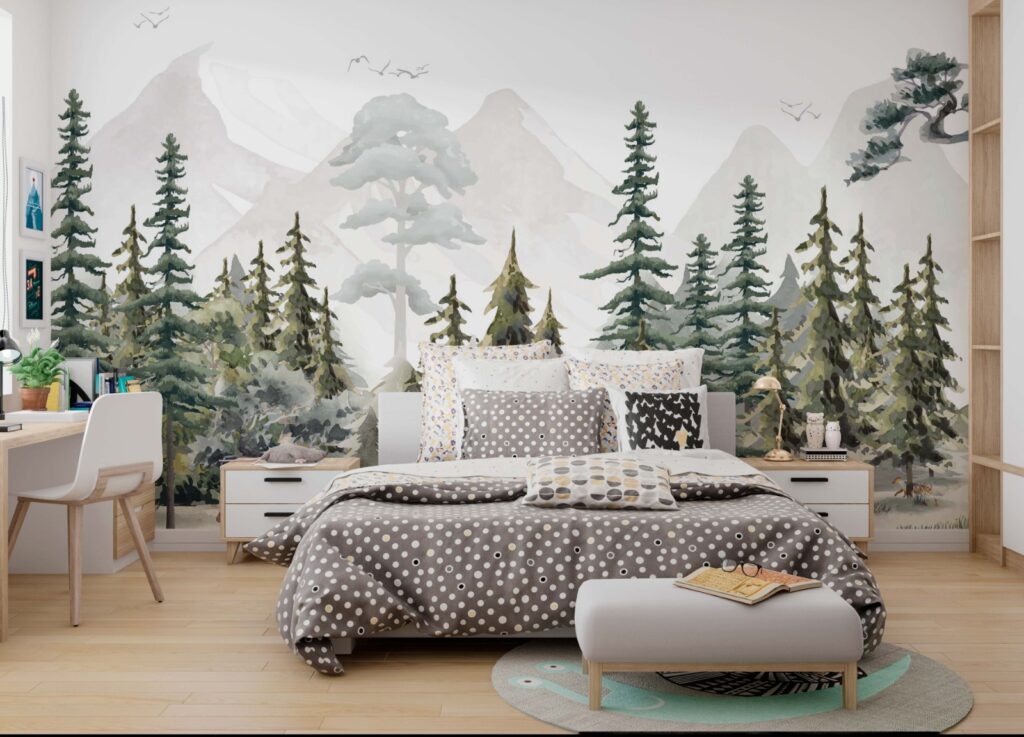 Watercolor Pine Forest Wallpaper : Kids Misty Mountain Mural - View 3