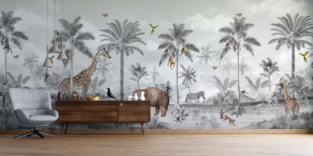 Monochrome Jungle Animals Wallpaper : Giraffe and Palm Sketch Mural - View 3