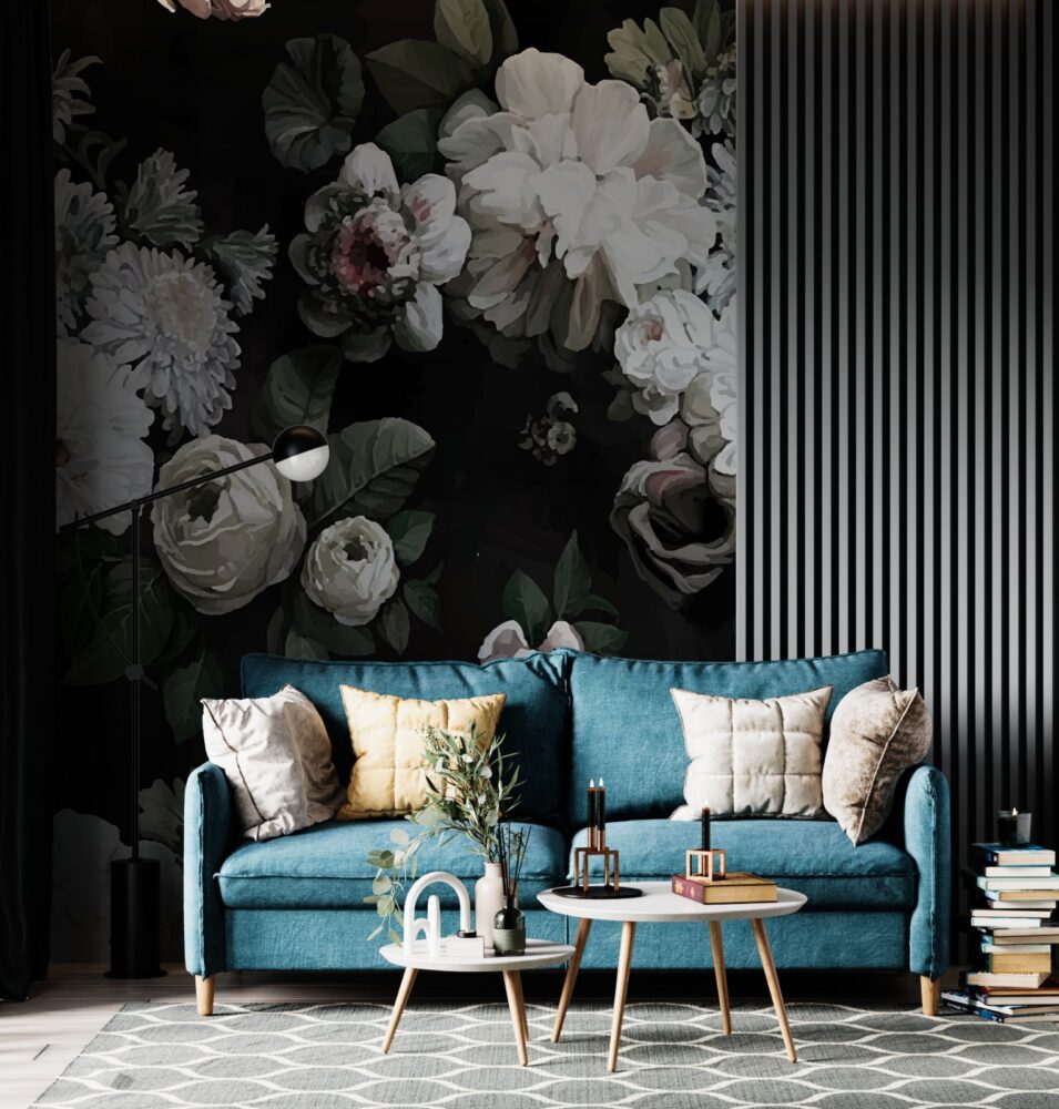 Dark White Rose Wallpaper : Moody Floral on Black Mural