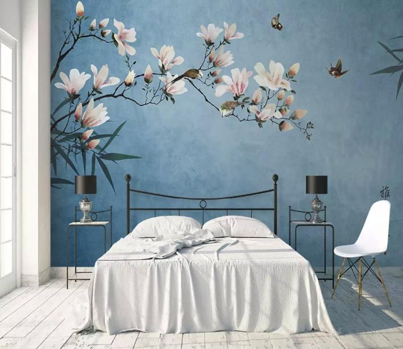 Magnolia Branch Wallpaper : Blue Sky Chinoiserie Bird Mural