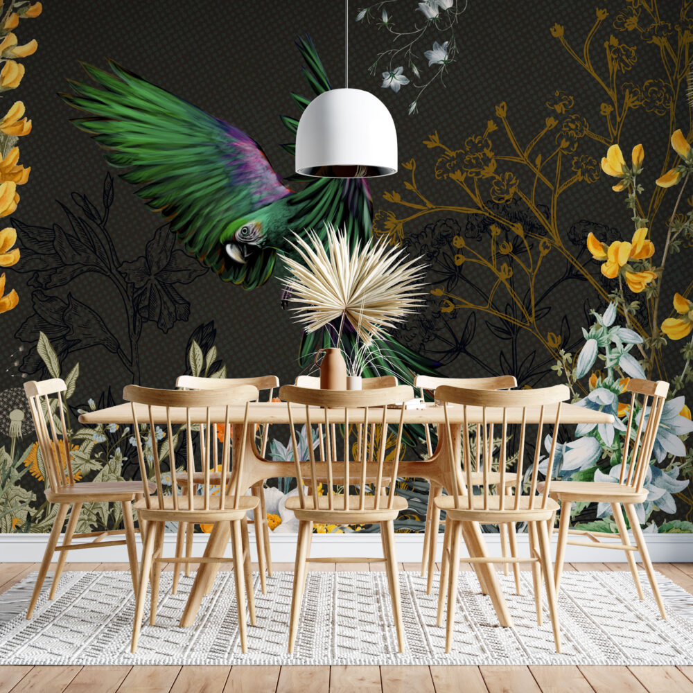 Emerald Parrot Night Wallpaper : Dark Botanical Bird Mural - View 6