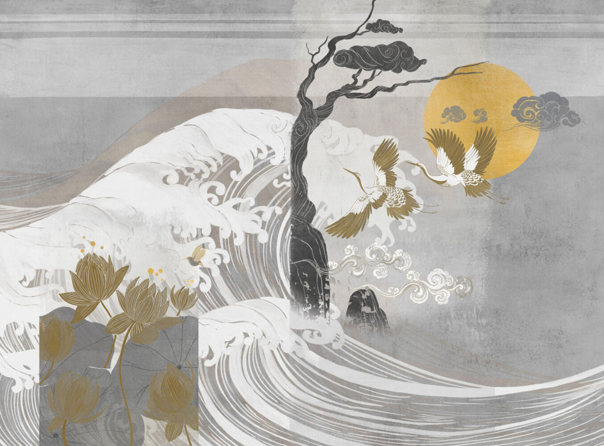 Grey Crane Wallpaper : Japanese Wave And Gold Sun Mural - View 2