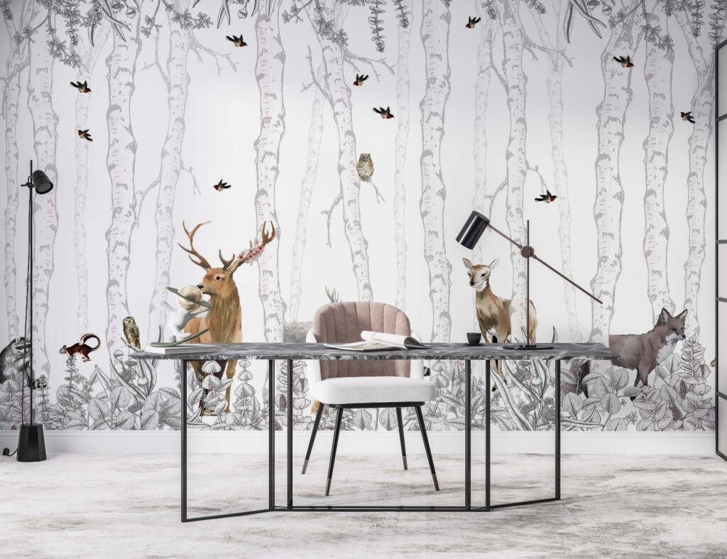 Birch Forest Deer Wallpaper : Woodland Animals Mural - View 2