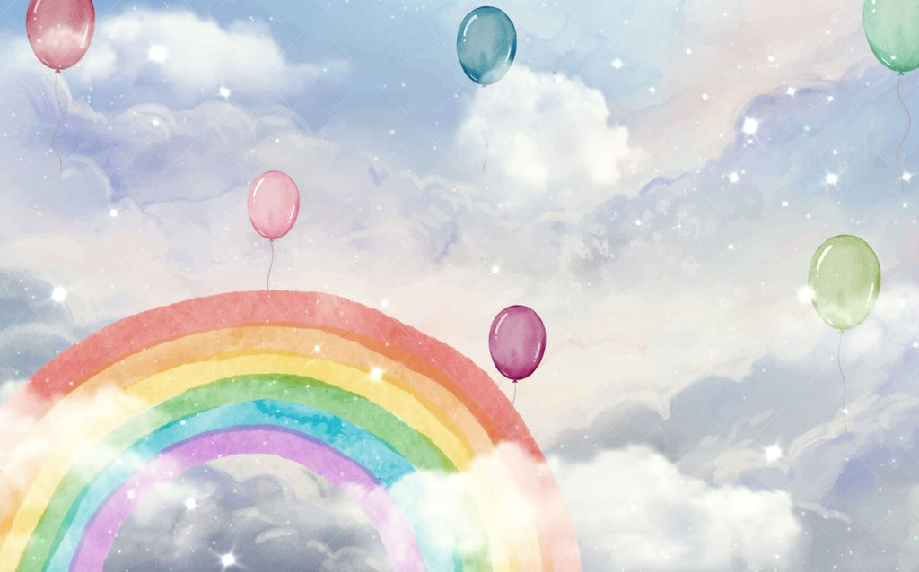 Rainbow Balloon Wallpaper : Watercolor Clouds Nursery Mural - View 2