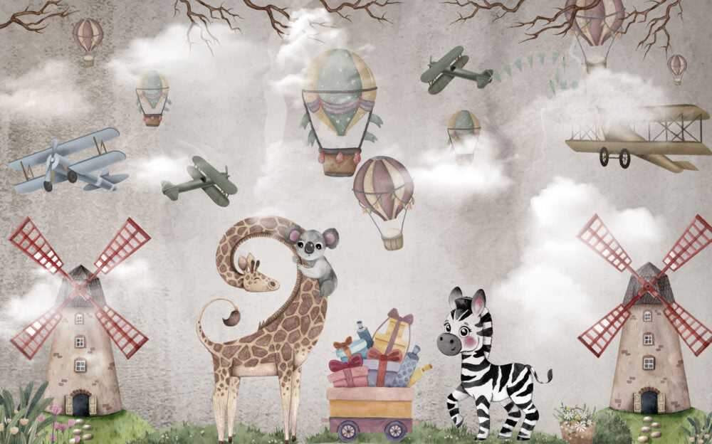 Airplane Balloon Animals Wallpaper : Vintage Sky Kids Mural - View 2