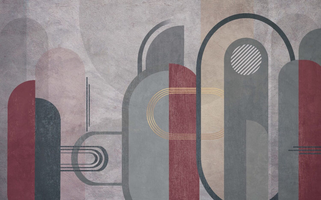 Grey and Burgundy Arch Wallpaper : Geometric Gold Line Mural - View 2
