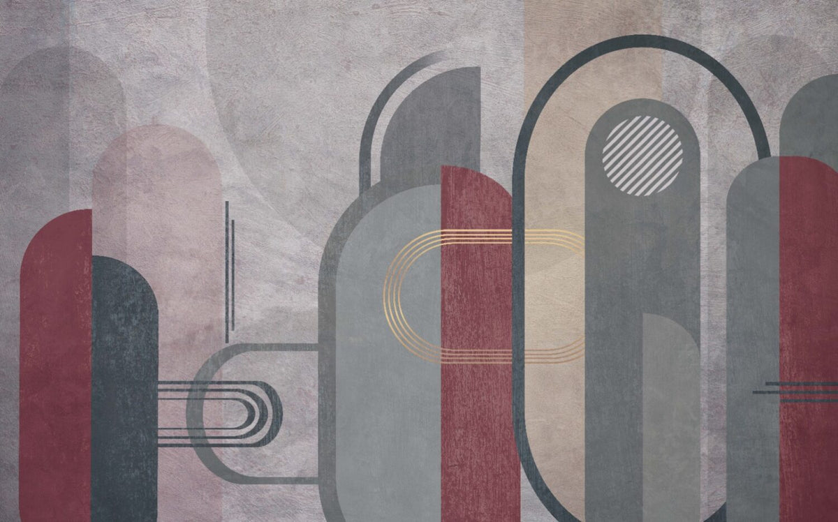 Grey and Burgundy Arch Wallpaper : Geometric Gold Line Mural - View 2