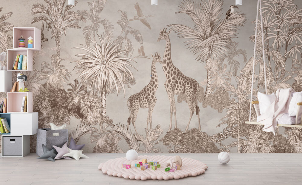 Sepia Giraffe Jungle Wallpaper : Soft Tropical Safari Mural