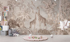 Sepia Giraffe Jungle Wallpaper : Soft Tropical Safari Mural