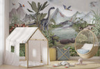 Lakeside Dinosaurs Wallpaper : Watercolor Prehistoric Mural - View 2