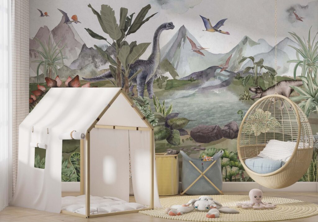 Lakeside Dinosaurs Wallpaper : Watercolor Prehistoric Mural - View 2