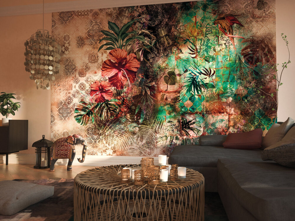 Tropical Mosaic Wallpaper : Dark Floral Leaf Collage Mural