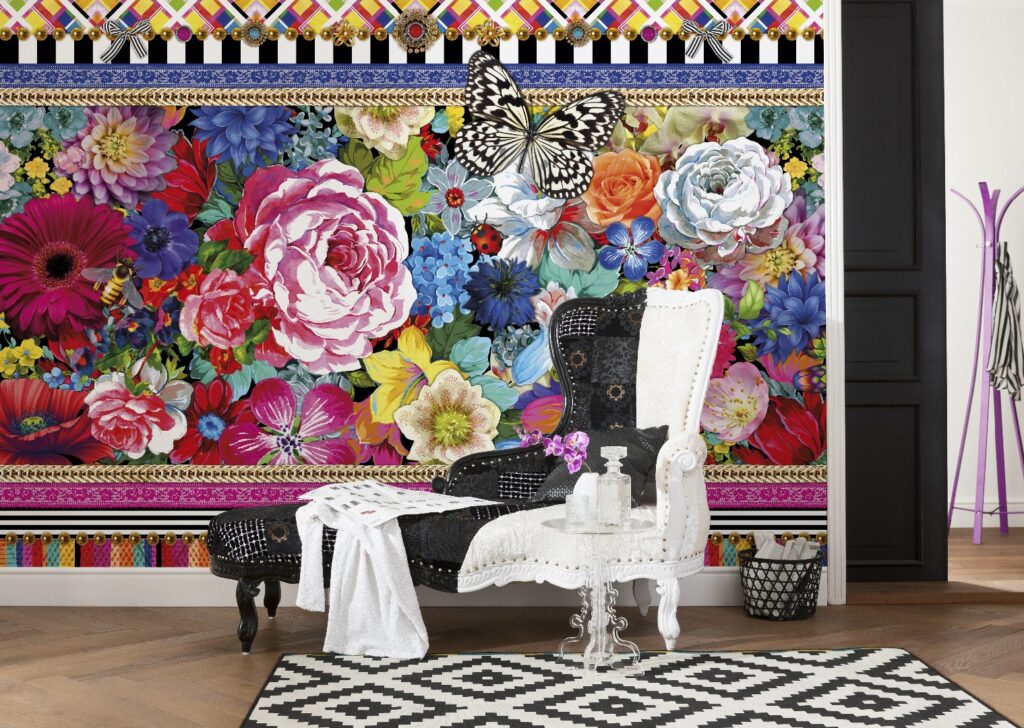 Vibrant Flower Border Wallpaper : Colorful Peony Butterfly Mural