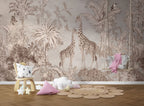 Sepia Giraffe Jungle Wallpaper : Soft Tropical Safari Mural - View 4