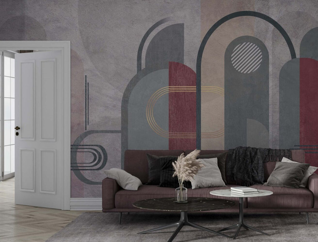 Grey and Burgundy Arch Wallpaper : Geometric Gold Line Mural