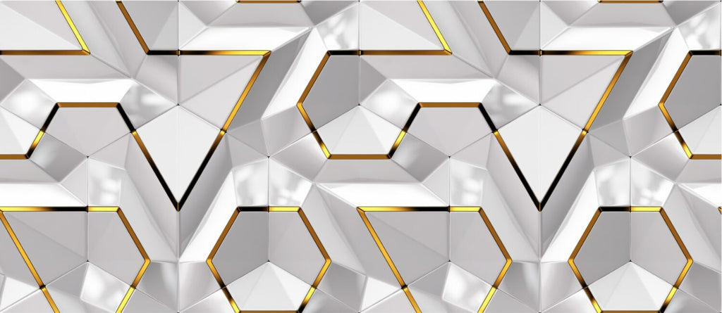 White 3D Hexagon Wallpaper : Gold Edge Geometric Mural - View 2