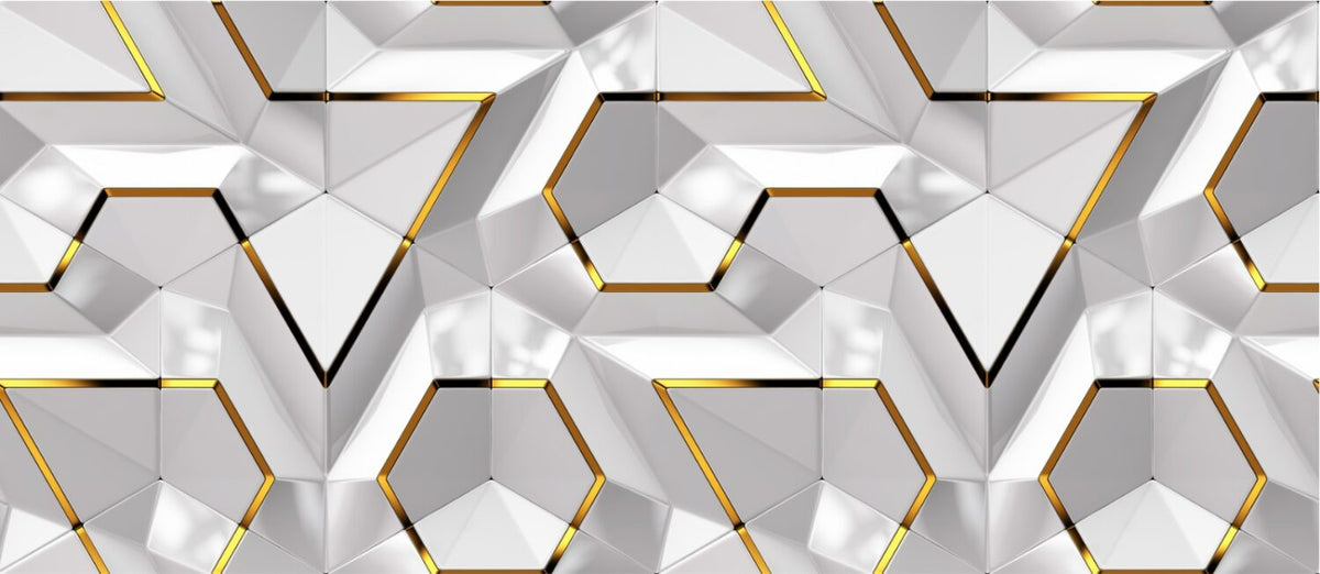 White 3D Hexagon Wallpaper : Gold Edge Geometric Mural - View 2