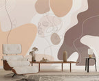 Abstract Face Line Art Wallpaper : Beige Organic Shapes Mural