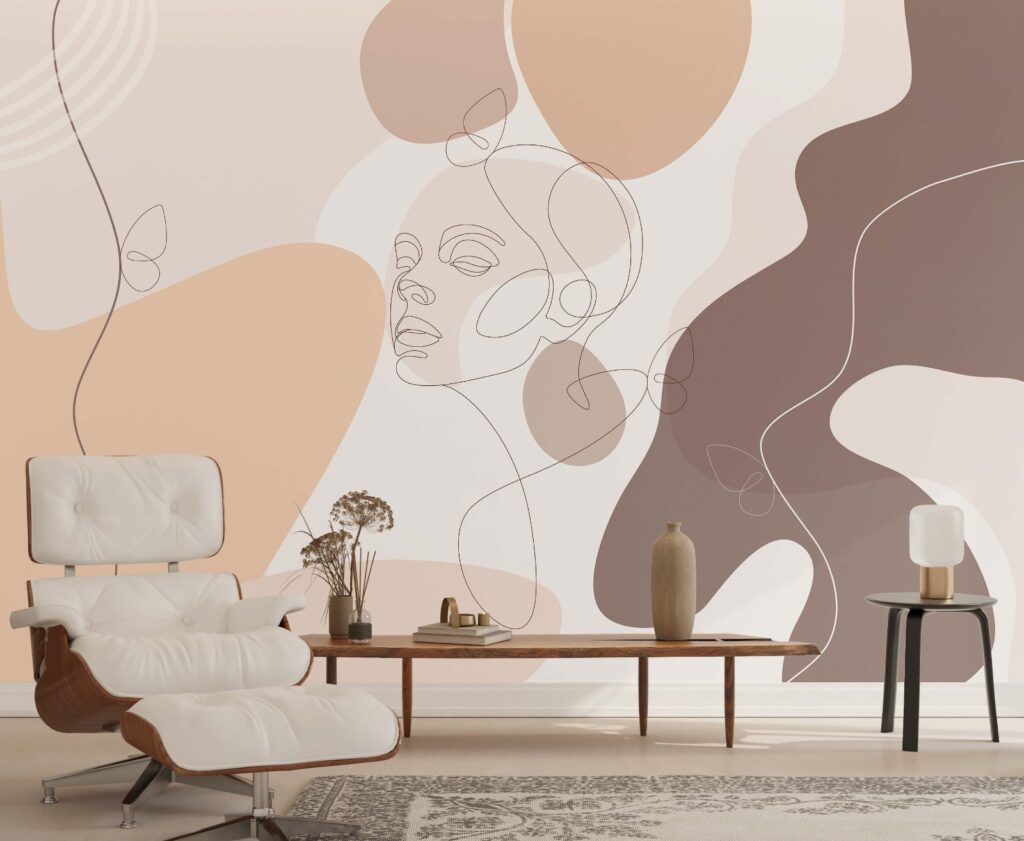Abstract Face Line Art Wallpaper : Beige Organic Shapes Mural