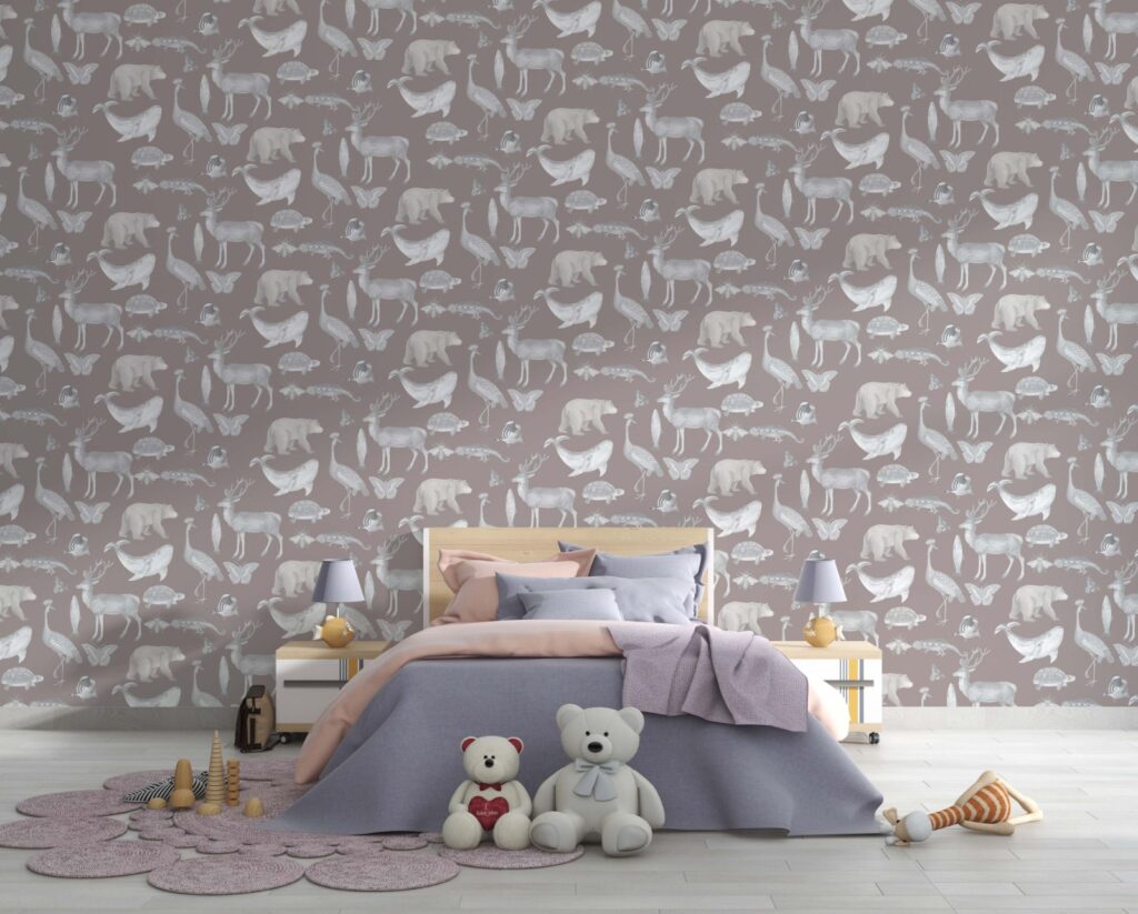 Mauve Animal Kingdom Wallpaper : Small Wildlife Silhouette Pattern