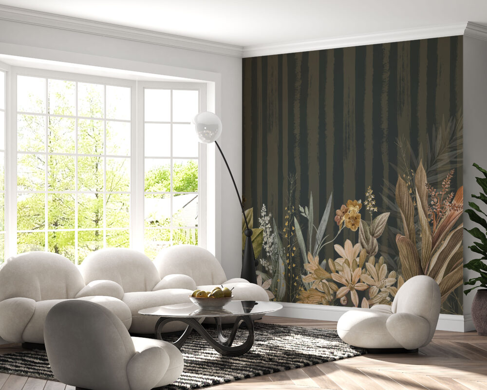 Dark Botanical Stripe Wallpaper : Wildflower Forest Mural - View 4