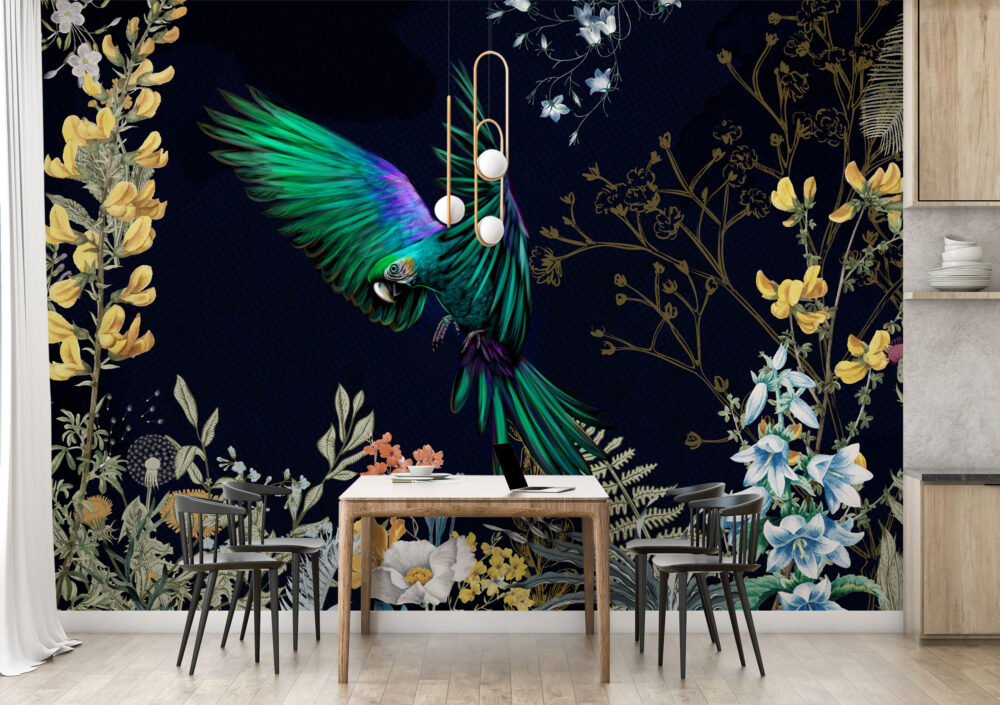 Emerald Parrot Night Wallpaper : Dark Botanical Bird Mural