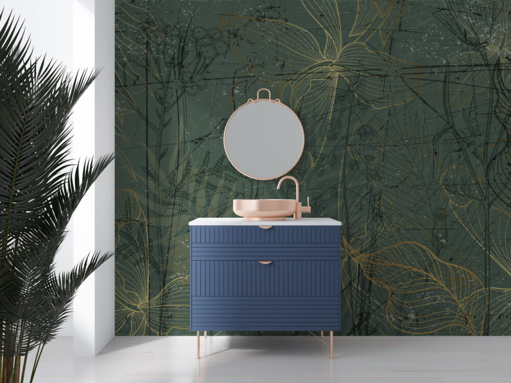 Dark Green Leaf Outline Wallpaper : Gold Line Botanical Mural - View 4