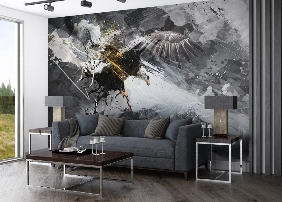 Eagle Ink Splash Wallpaper : Black White Gold Abstract Mural