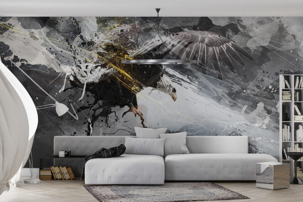 Eagle Ink Splash Wallpaper : Black White Gold Abstract Mural - View 3