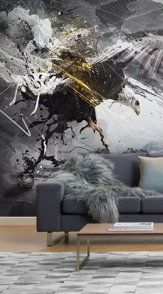 Eagle Ink Splash Wallpaper : Black White Gold Abstract Mural - View 5