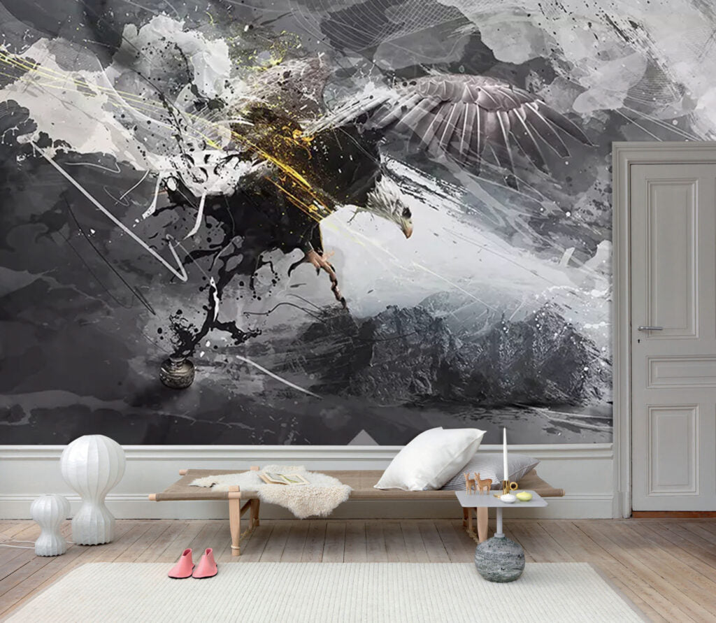 Eagle Ink Splash Wallpaper : Black White Gold Abstract Mural - View 6