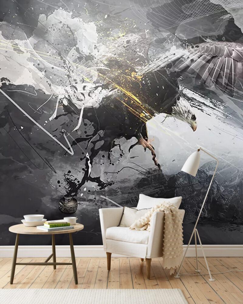 Soaring Eagle Wallpaper : Black and Gold Ink Splash Mural - View 3