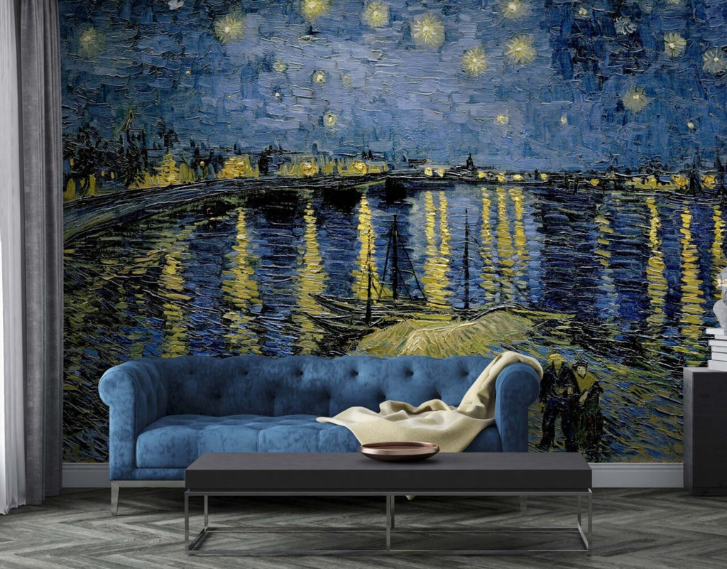 Starry Night River Wallpaper : Impressionist Oil Painting Mural