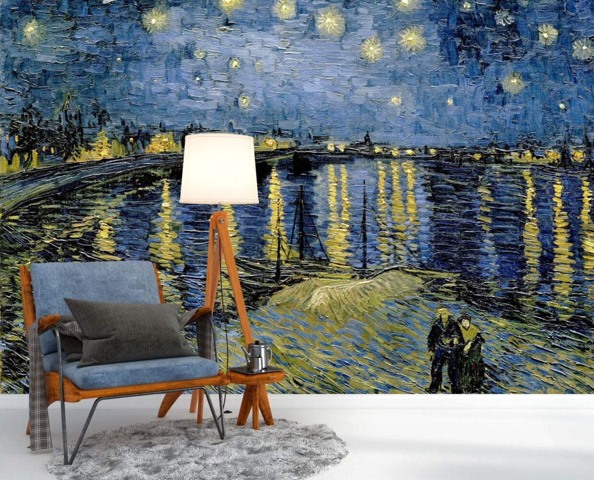 Starry Night River Wallpaper : Impressionist Oil Painting Mural - View 3