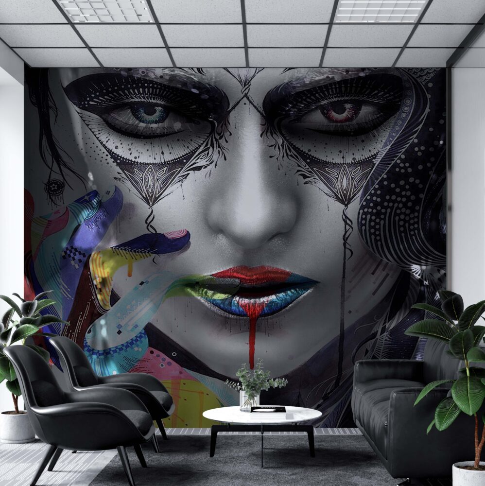 Painted Face Portrait Wallpaper : Monochrome Pop Art Woman Mural - View 2