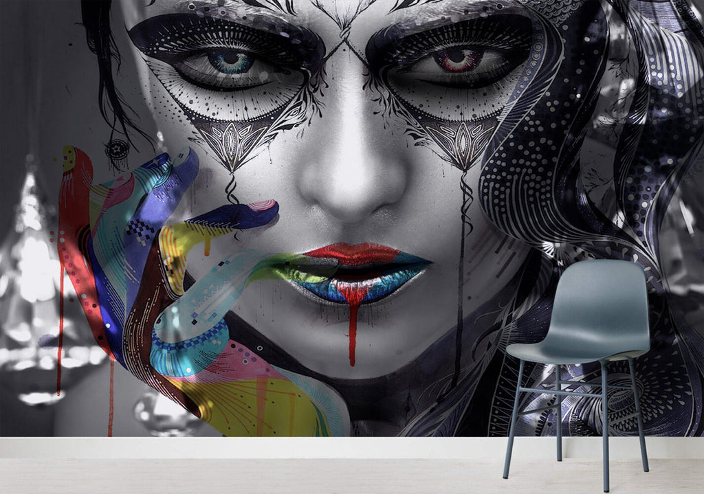 Painted Face Portrait Wallpaper : Monochrome Pop Art Woman Mural - View 3