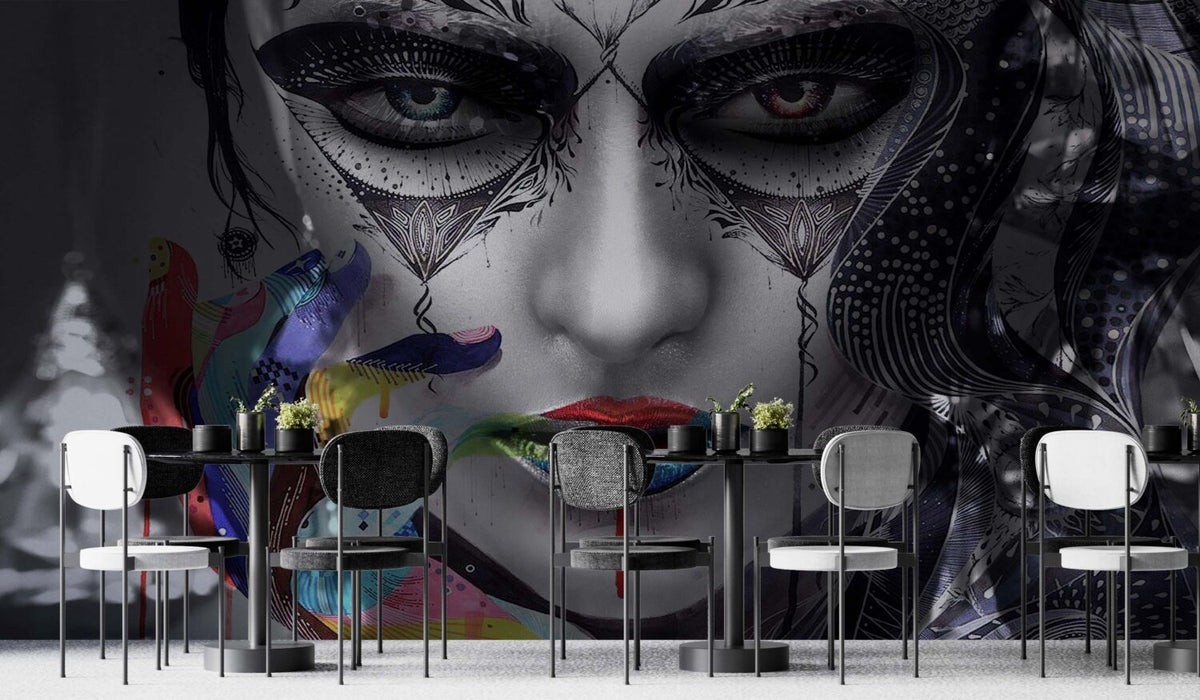 Painted Face Portrait Wallpaper : Monochrome Pop Art Woman Mural