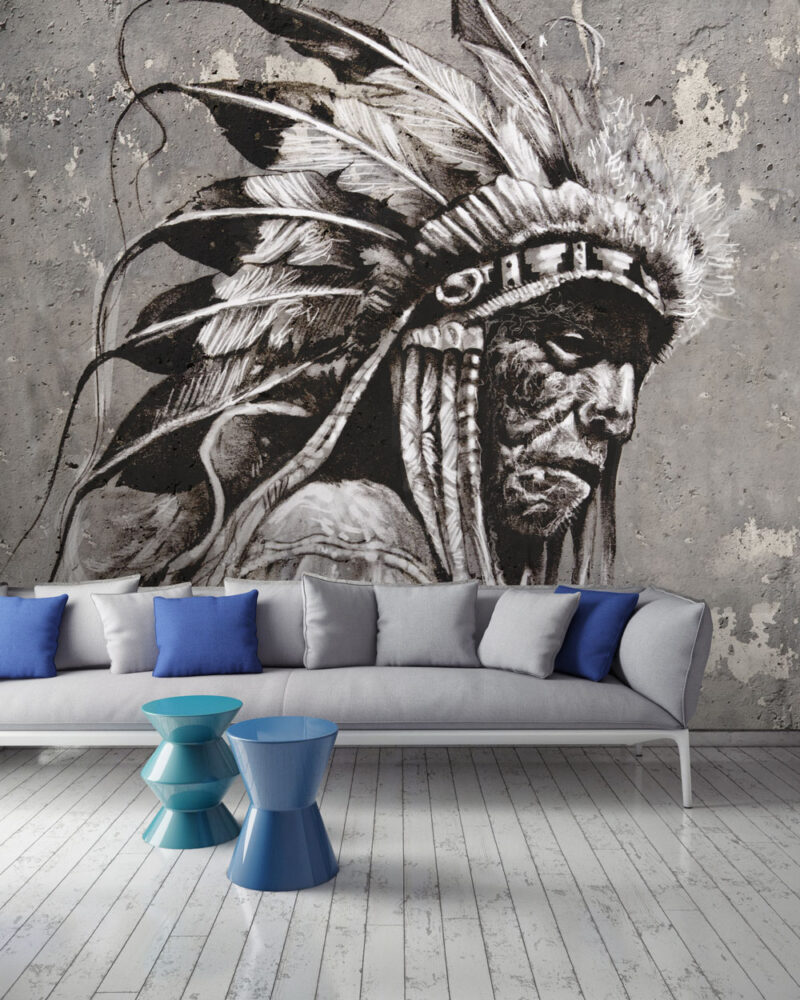 Tribal Chief Portrait Wallpaper : Black and White Graffiti Mural - flat design