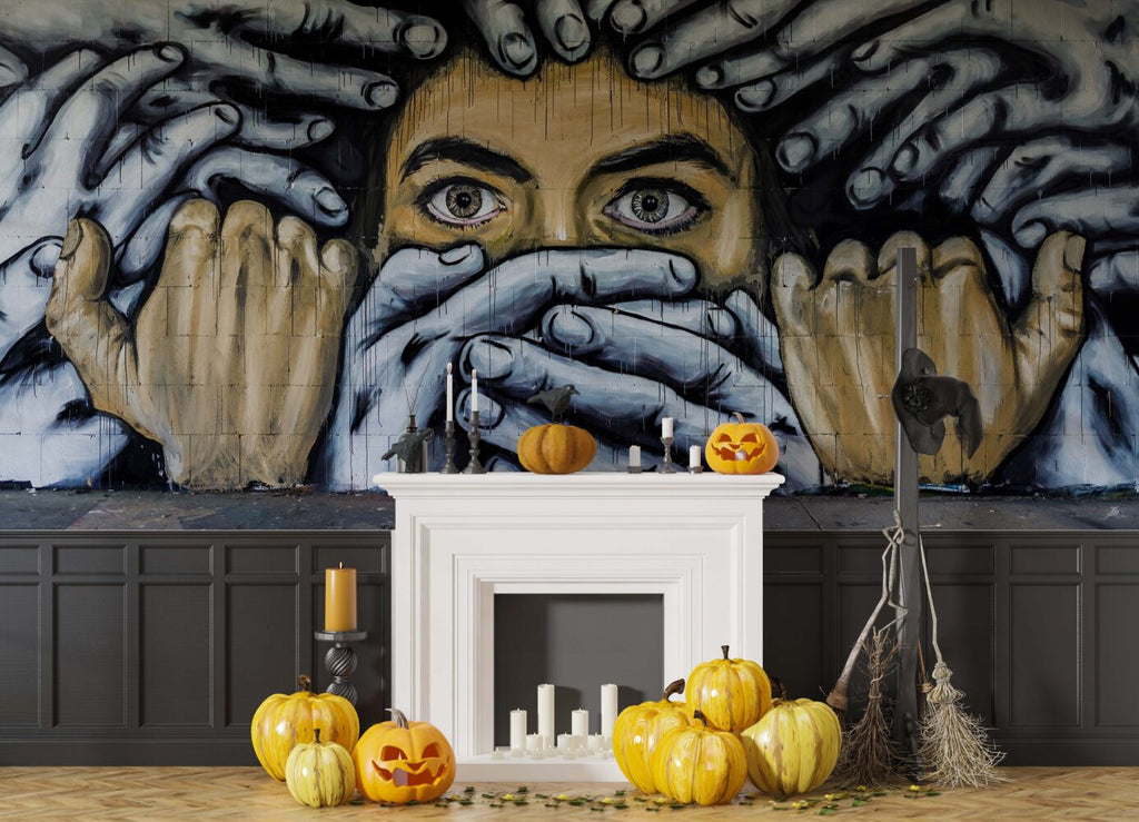 Hands Over Mouth Graffiti Wallpaper : Urban Street Art Mural - View 3