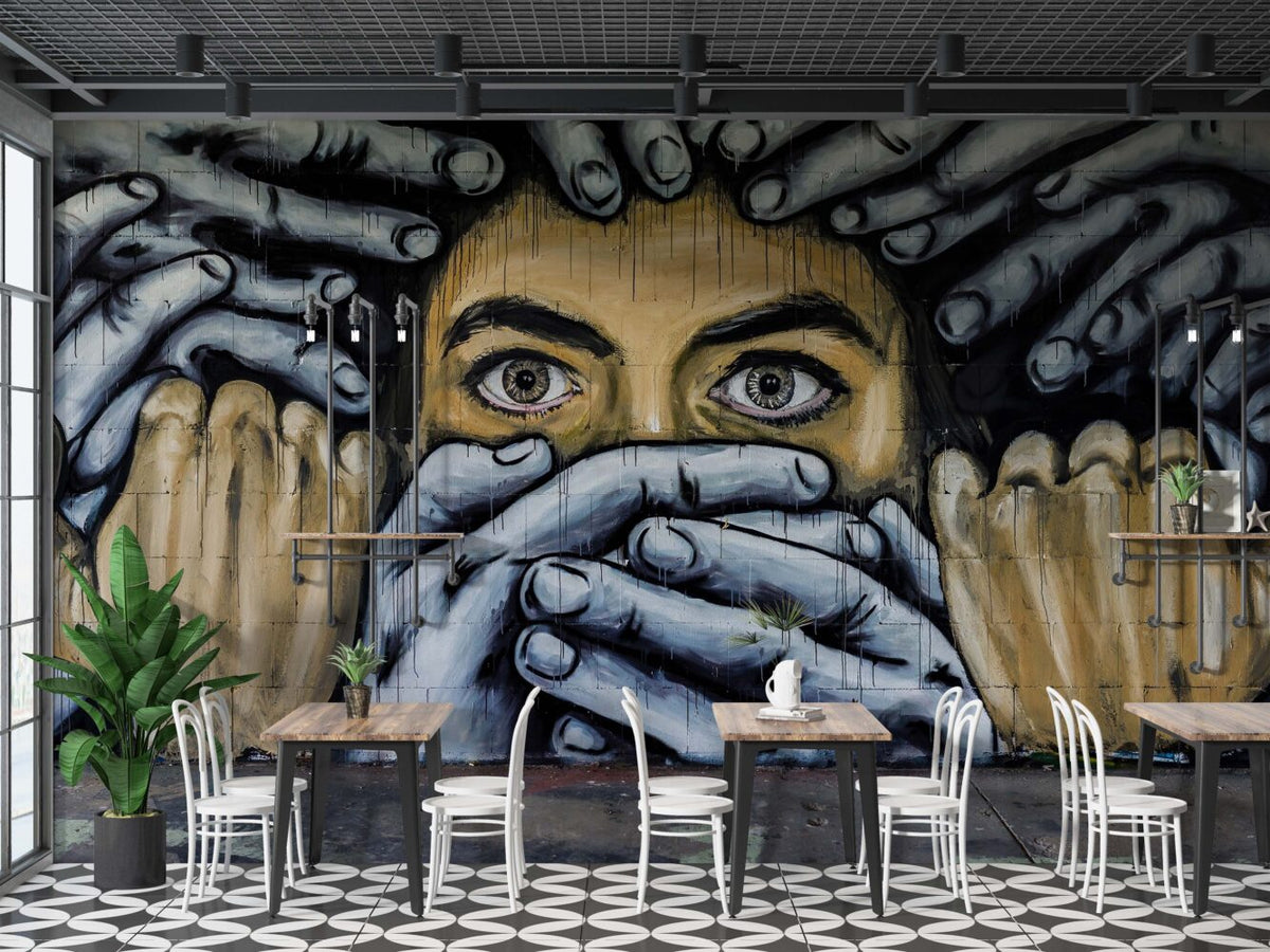 Hands Over Mouth Graffiti Wallpaper : Urban Street Art Mural