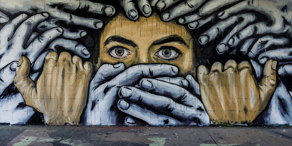 Hands Over Mouth Graffiti Wallpaper : Urban Street Art Mural - flat design