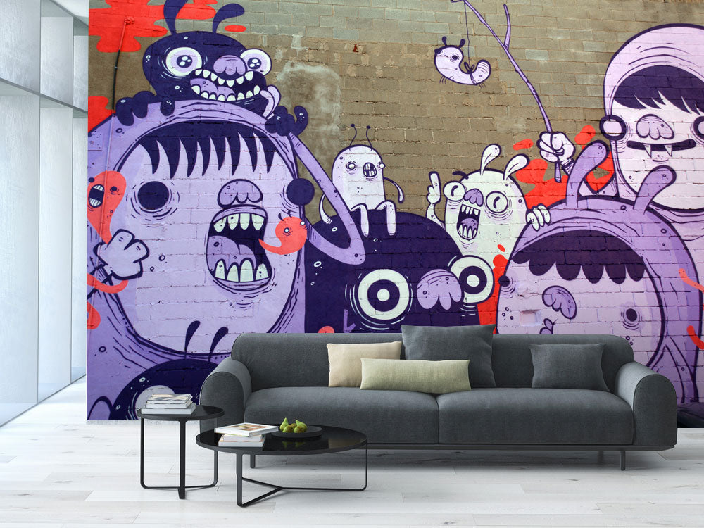 Cartoon Monsters Graffiti Wallpaper : Purple Street Art Mural - View 2