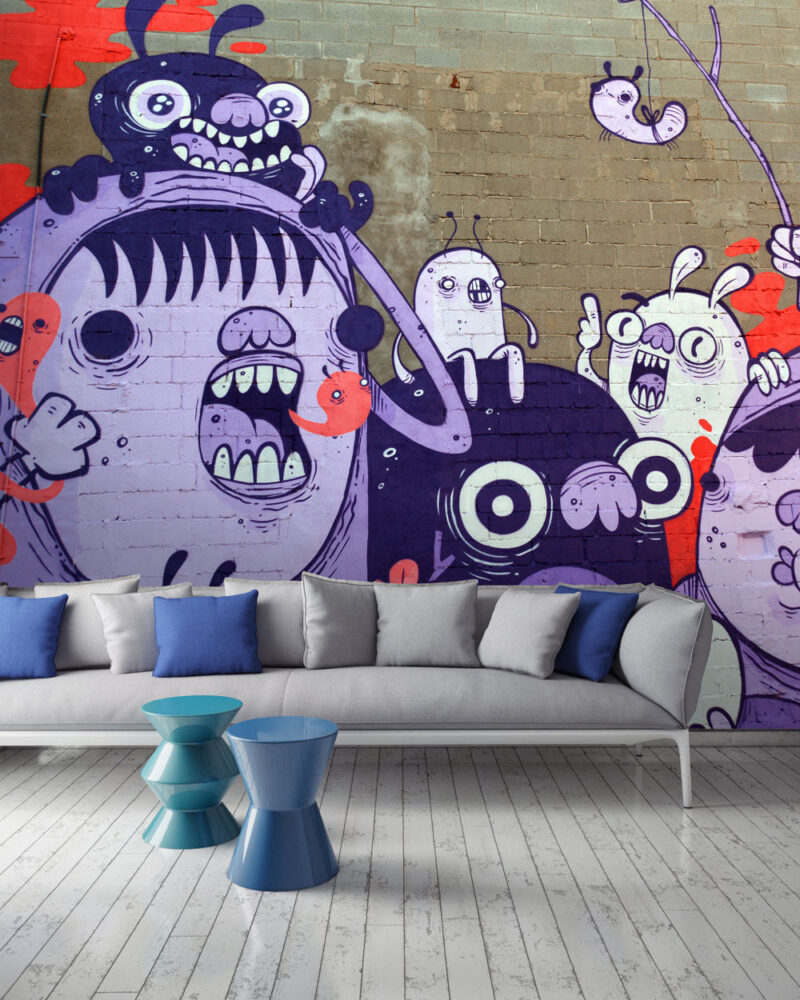 Cartoon Monsters Graffiti Wallpaper : Purple Street Art Mural - View 3