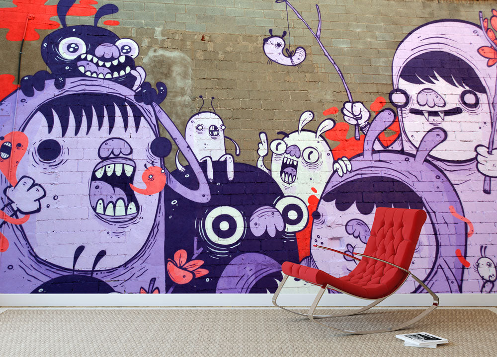 Cartoon Monsters Graffiti Wallpaper : Purple Street Art Mural