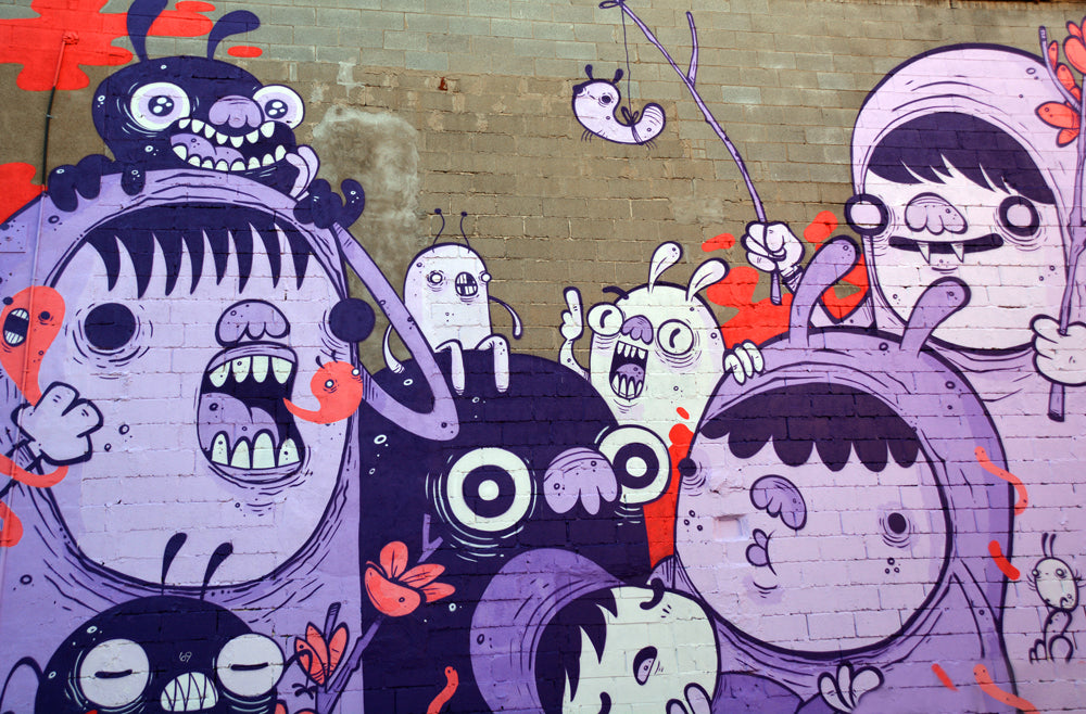 Cartoon Monsters Graffiti Wallpaper : Purple Street Art Mural - flat design