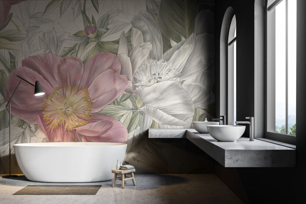Pink Peony Wallpaper : Large Blush Flower Leaf Mural