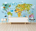 Colorful Animal World Map Wallpaper : Kids Cartoon Continents Mural