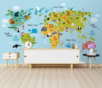 Colorful Animal World Map Wallpaper : Kids Cartoon Continents Mural