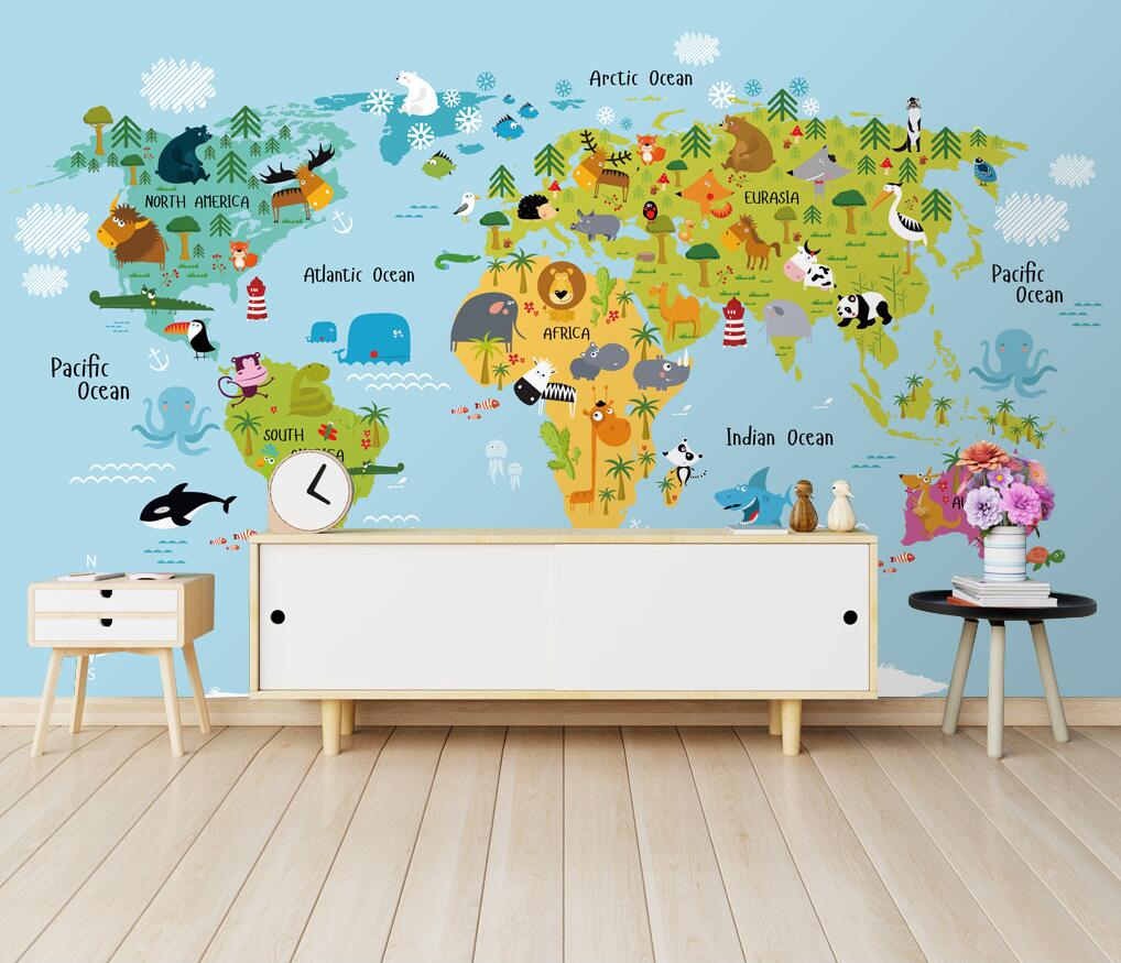 Colorful Animal World Map Wallpaper : Kids Cartoon Continents Mural