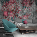 Rustic Wood Floral Wallpaper : Pink Teal Distressed Plank Mural